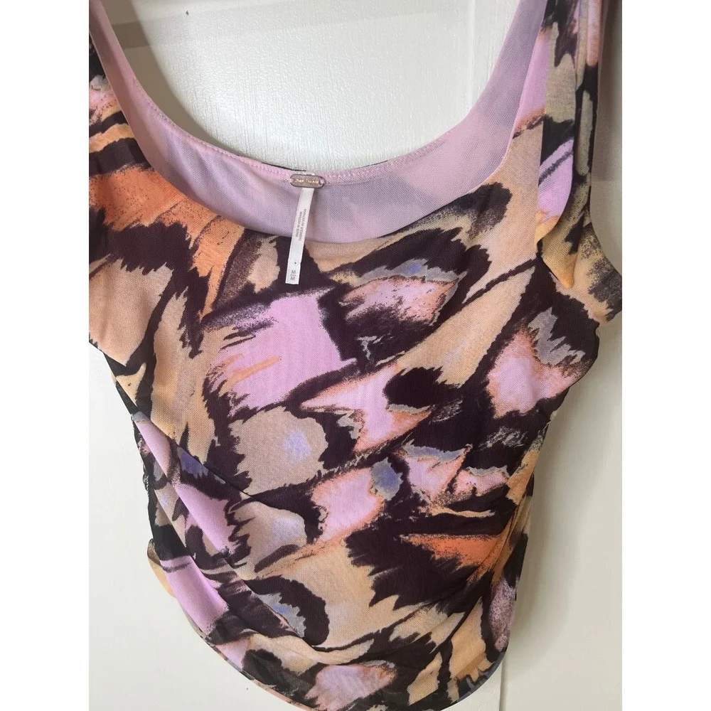 Free People Mesh Butterfly Print Ruched Tie Shoulder Crop Top Pink Orange Med.